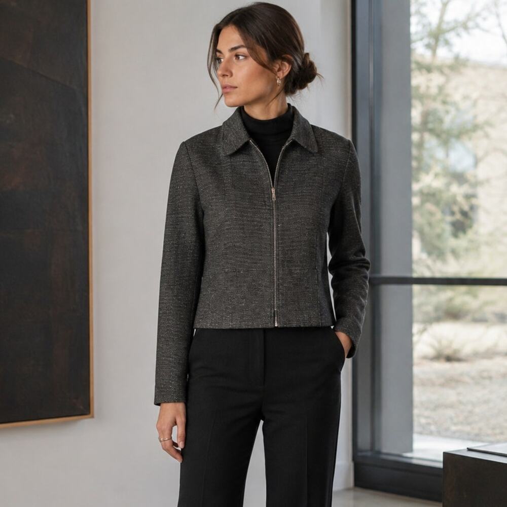 Vintage 90s Charcoal Gray Zip Blazer Sz 2 Made USA Corporate Minimalist Express